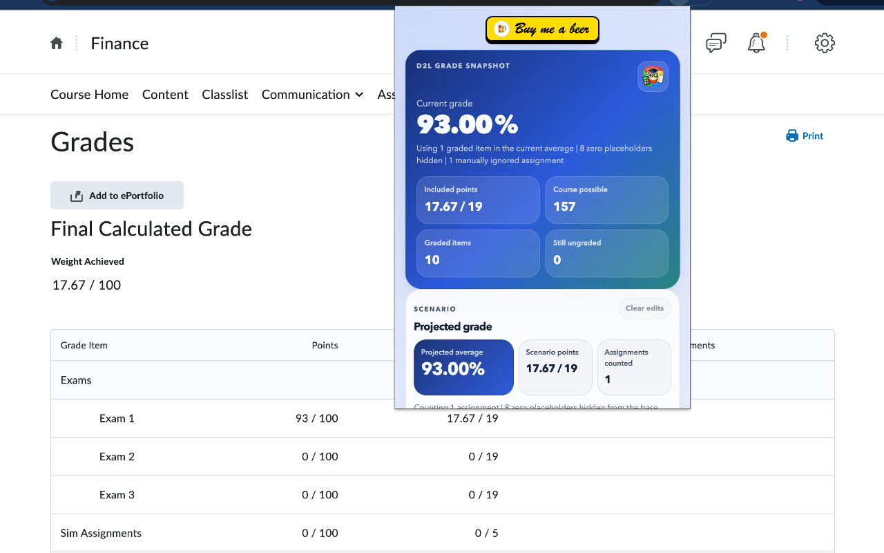 D2L Grade Calculator simulator view