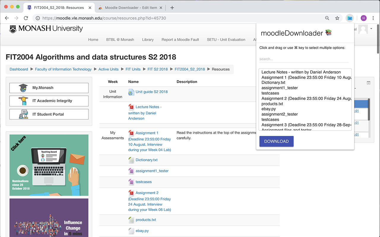 Moodle Downloader selection view